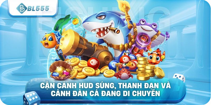 Cận cảnh HUD súng, thanh đạn và cảnh đàn cá đang di chuyển